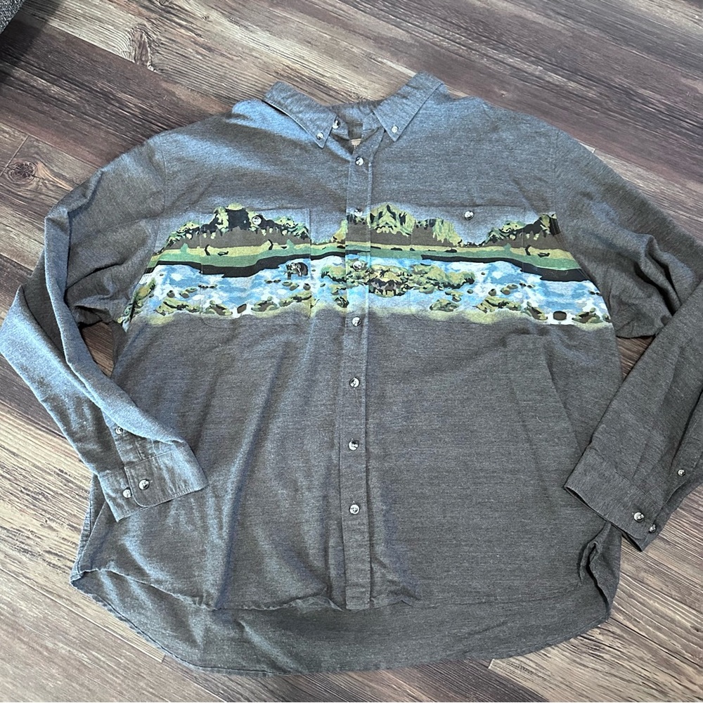 Cool gray flannel shirt with nature scene on front ScAndia Woods Men's 4XL tall